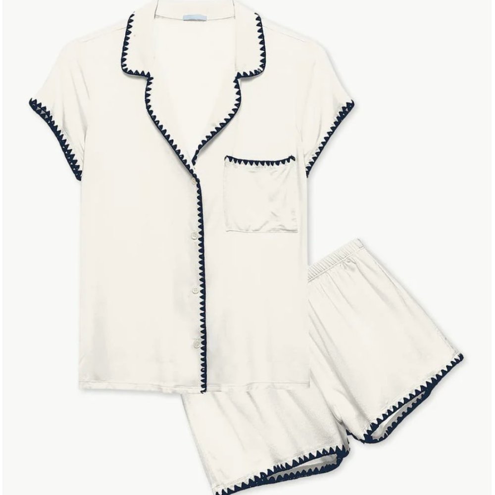 Eberjey Frida Whip Stitch Short PJ Set - White/Blue (great for bride)
